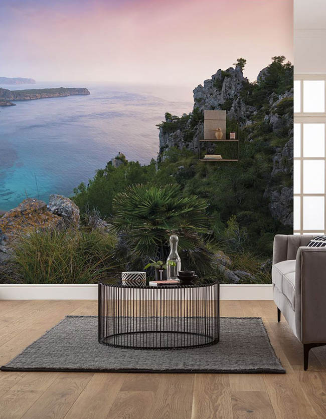 Modern living room with beach wallpaper