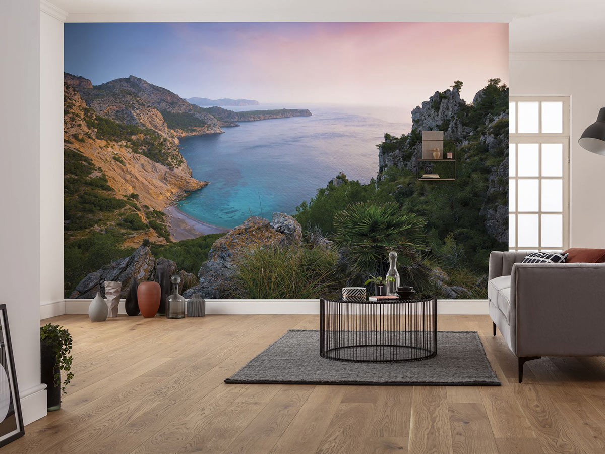 Modern living room with beach wallpaper