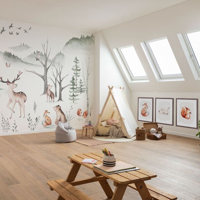 Children's room with animal motifs, pastel