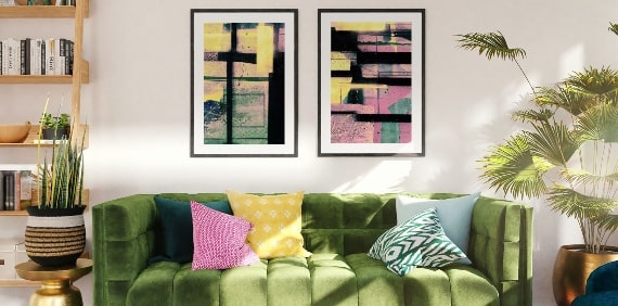 Wall mural art print living room in yellow and pink
