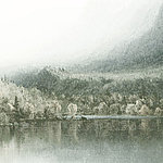 Motif of lake at forest edge in vintage look