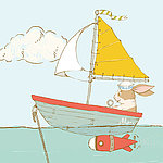 Нарисованная лодка с кроликом в качестве капитана