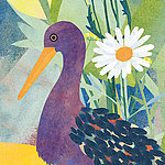 Фиолетовая птица, белый цветок и зеленый фон