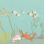 Иллюстрация подводного мира с красным крабом и рыбами