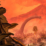 Red jungle landscape with long dinosaur neck