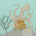 Нарисованная медуза защищает сундук с золотом под водой