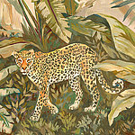 Painted leopard in front of green jungle vegetation