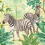 Две нарисованные зебры между зелеными растениями