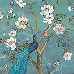 Blauer Vogel auf blühenden Ästen mit türkisem Hintergrund
