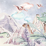 Berglandschaft mit fliegenden Dinosauriern in Pastelloptik gemalt