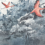 Темно-серые деревья и красные летящие птицы