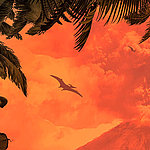 Fliegende Drachen in rot-leuchtendem Himmel - View 1