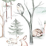 Owl on a tree with sleeping forest animals in a bright watercolour look