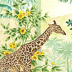 Жираф между зелеными цветущими растениями