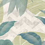 Light green and dark green leaves, beige background with serrated pattern