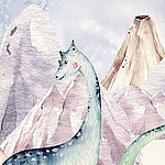 Berglandschaft mit Dinosaurier in Pastelltönen gemalt