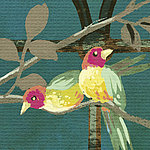 Two little birds sitting on a branch