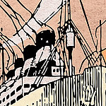 Part of ship illustration in beige-black with orange background