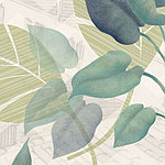 Blätter in unterschiedlichen Grüntönen, beiger Hintergrund mit geometrischer Musterung