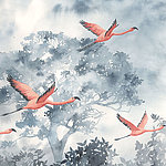 Four, red birds flying in front of grey landscape