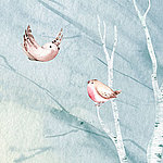 Two birds on tree branches in watercolour
