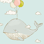 Painted whale flying on balloons