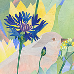Représentation moderne d'un oiseau beige et d'une fleur bleue