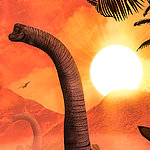 Radiant sun in red landscape and dinosaurs