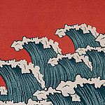 Gemalte Wellen vor rotem Hintergrund