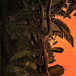 Baumstamm mit dunkelgrünen Blättern, oranger Hintergrund