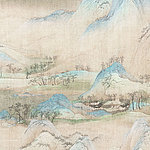 Paysage de montagne abstrait en beige avec des maisons - View 1