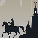 Black illustration of a knight on horseback
