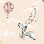 Two flying pigeons with hot air balloon in the background