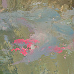 Abstract oil painting in green and blue with pink blobs - View 1