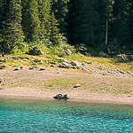 View from water to earthy lakeshore with grass and stones