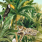 Тукан и леопард лежат в джунглях