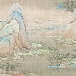 Beige motif with mountainous fantasy landscape