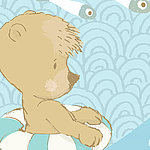 Нарисованный медвежонок в сине-белом плавательном обруче
