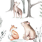 Two bears and a fox in cute watercolour illustration