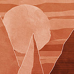 Motif peint en couleur rouille avec paysage de montagne