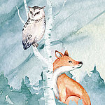 Fox and an owl on a tree with blue forest in the background