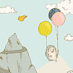 Illustration of flying hedgehog with balloons and mountains in the background