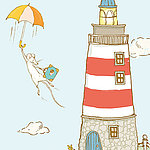 Red and white striped watchtower and a mouse flying on umbrella