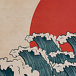 Modern painting of waves and red circle - View 1