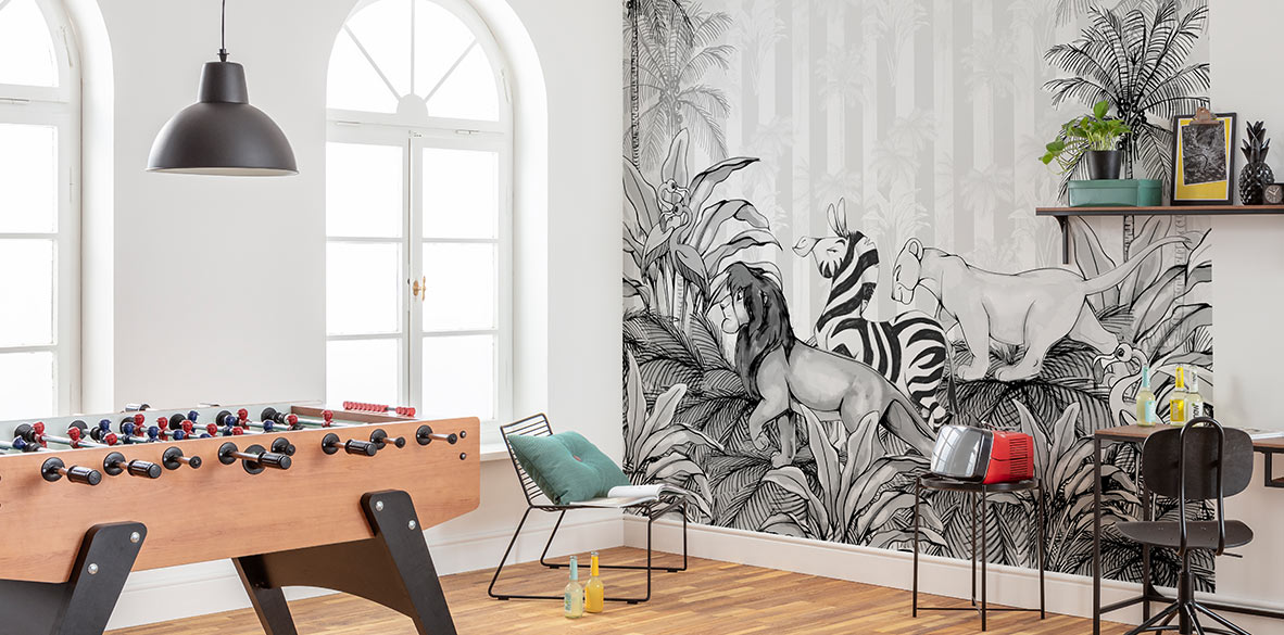 Papel pintado selva en blanco y negro con animales