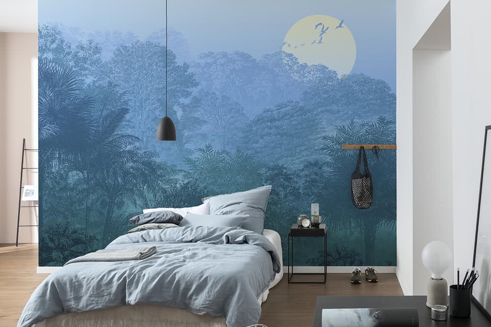Paysage de jungle de nuit en bleu