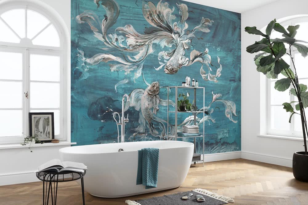 Wallpaper in turquoise with fish