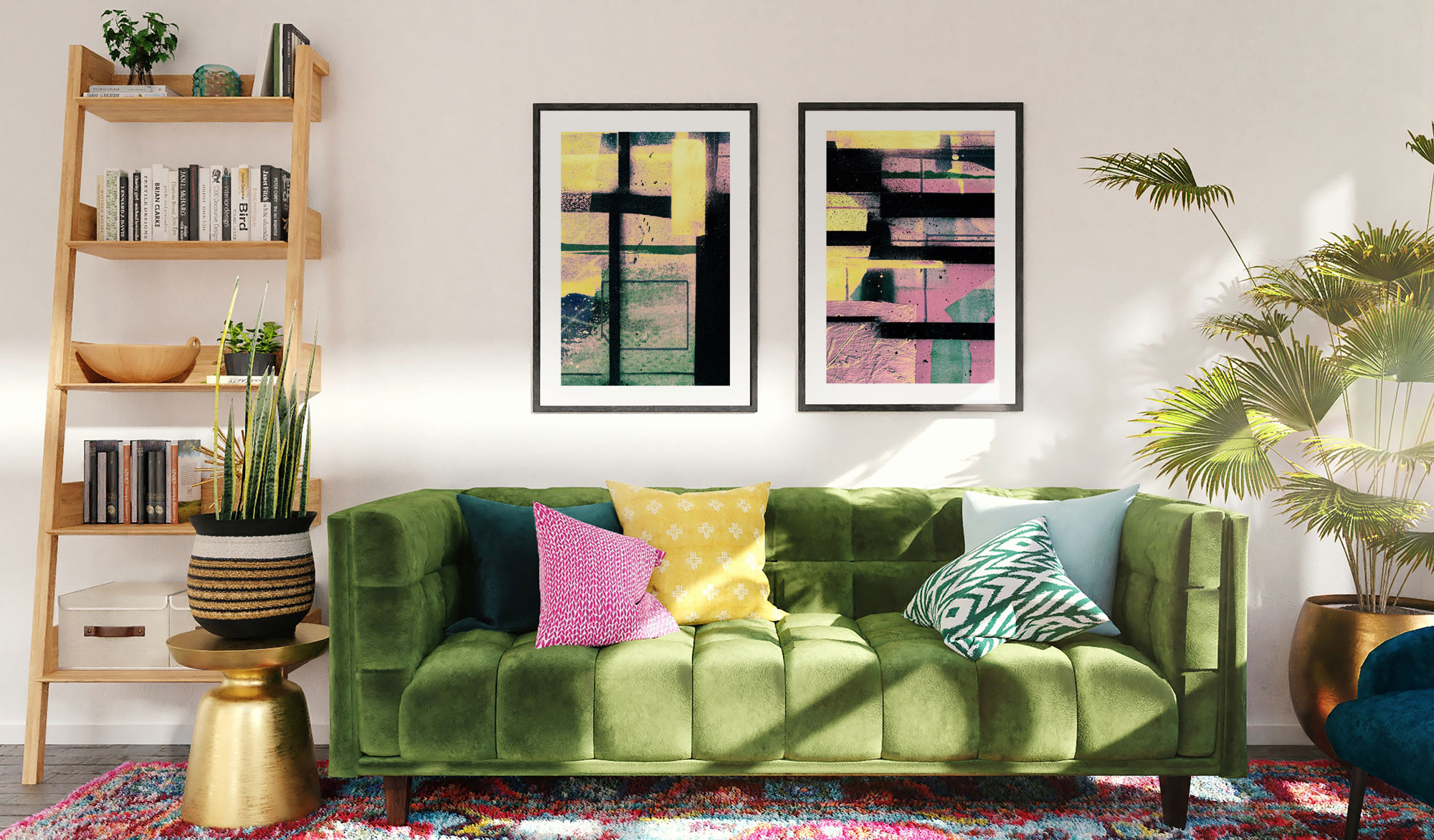 Wandbild Kunstdruck Wohnzimmer in Gelb und Rosa